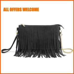 Fringe Crossbody Bag with Wristlet, Top Zip, Synthetic Faux Suede